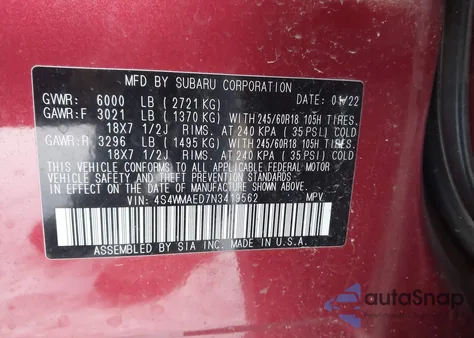 2022 Subaru Ascent Premium из США, поврежденный, VIN 4S4WMAED7N3419562